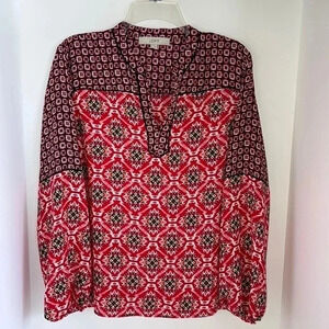 LOFT Women’s Size MEDIUM Blouse Boho Lightweight V-Neck Contrasting Print Spring